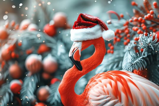 Social media post featuring a Christmas hat on a flamingo, with festive decorations around.
