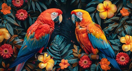 Wall Mural - Exotic colorful background with macaws in the jungle surrounded by lush vegetation and blooming flowers