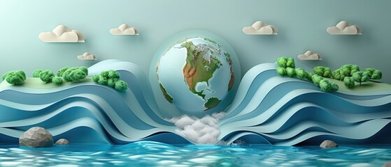 Wall Mural - Paper art , Saving water and world Environment day , Ecology and world water day , environmental protection and save earth water
