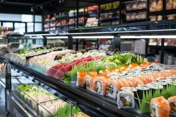 Freshly made sushi and sashimi in a high-end grocery store display