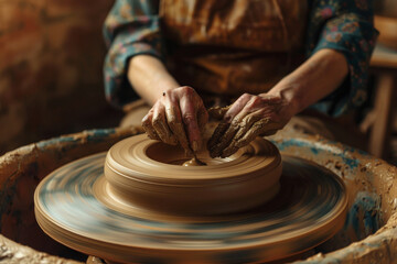 Female artisan at a potting wheel in home studio, shaping clay