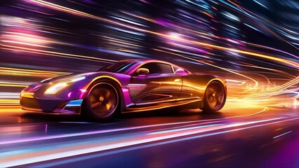 Wall Mural - Neon Cyber City: Futuristic Car Speeding with Glowing Light Trails at Night. Concept Futuristic Cars, Neon Lights, Cyber City, Night Photography, Light Trails