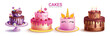 © AmazeinDesign - Birthday cake elements vector design. Cakes blueberry, strawberry, pink unicorn and chocolate flavors for sweet dessert party celebration element collection. Vector illustration birthday cakes collect