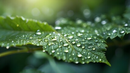 A breathtaking close-up perspective capturing the intricate details of rainwater droplets resting on a green leaf, their mesmerizing sparkle enhanced by the gentle morning sunlight, creating a beautif