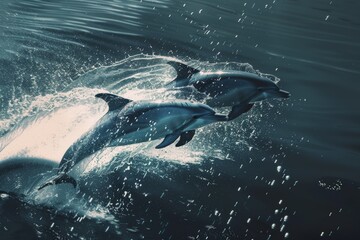 Wall Mural - Topview drone shot, a scene of playful dolphins soaring above breaking waves, embodying the essence of sea life and the splendor of marine animals in their natural environment.