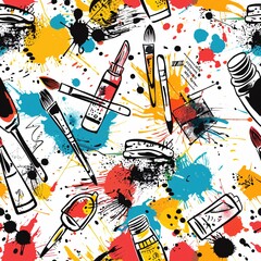 Poster - A seamless pattern featuring art supplies such as paint splatters, brushes, and sketch pads, in a dynamic and artistic design