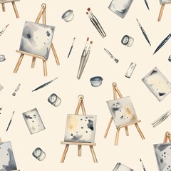 Poster - A seamless pattern displaying art supplies such as easels, canvases, and charcoal sticks, perfectly aligned for a detailed design