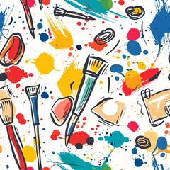 Poster - A seamless pattern featuring art supplies such as paint splatters, brushes, and sketch pads, in a dynamic and artistic design