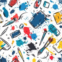 Poster - A seamless pattern featuring art supplies such as paint splatters, brushes, and sketch pads, in a dynamic and artistic design