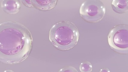 Aufkleber - Cosmetics 3D animation of many atoms floating in water. Liquid bubbles with particles, cosmetic essence, and water background.