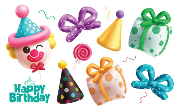 Birthday balloons elements vector set design. Happy birthday greeting text with balloons shape clown balloon, party hat, ribbon, gift and ribbon inflatable elements collection. Vector illustration 