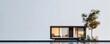 © Nisit - A modern tiny house model with sleek lines and a flat roof, placed on a minimalistic background with free copy space for text
