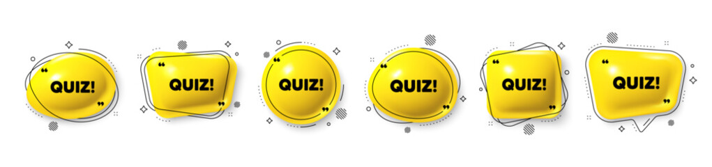 Wall Mural - Quiz tag. Speech bubble 3d icons set. Answer question sign. Examination test symbol. Quiz chat talk message. Speech bubble banners with comma. Text balloons. Vector