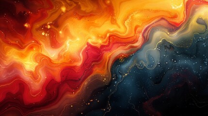 Poster - Abstract painting featuring a swirling blend of red, yellow, and blue colors in a fluid, dynamic composition.