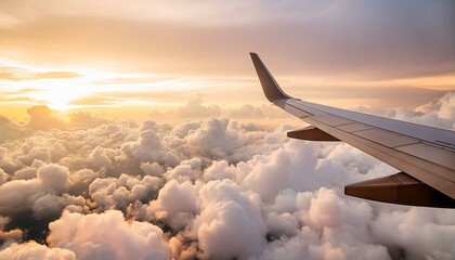 Wall Mural - Grainy sky and a plane flying in to the clouds; aircraft with beautiful sunset glow, view from inside an aeroplane for background texture of cloudscape