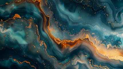 Poster - Fluid art painting featuring vibrant gold and blue colors intermingling in an abstract design.