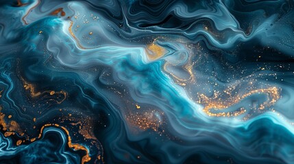 Poster - Fluid art abstract painting featuring vibrant gold and blue colors with dynamic brush strokes and layers.