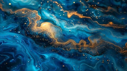 Poster - Fluid art painting featuring swirls and patterns in blue and gold colors.