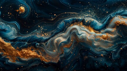 Poster - Fluid art piece characterized by swirls of gold and blue colors blending seamlessly on the canvas.