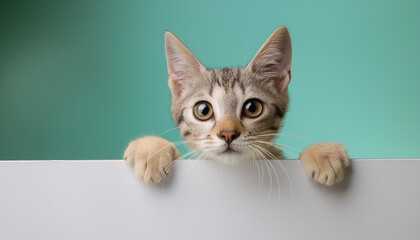 Wall Mural - A curious cat peeking over a bright sign