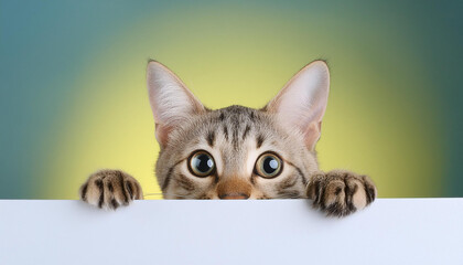 Poster - A curious cat peeking over a bright sign