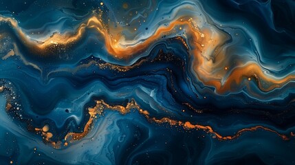 Poster - Fluid art painting with vibrant gold and blue hues blending seamlessly across the canvas in an abstract composition.