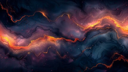 Poster - Fluid art abstract painting featuring vibrant orange and blue colors blending together in dynamic patterns.