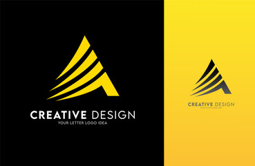 Sticker - Letter A in Yellow and Black made of curved lines and swooshes. Creative A design icon