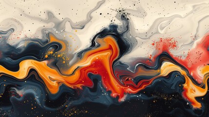 Poster - Fluid art painting featuring swirls and splashes of black, orange, and white colors on canvas.