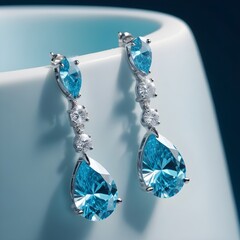 Close-up view of a pair of sparkling blue diamond earrings