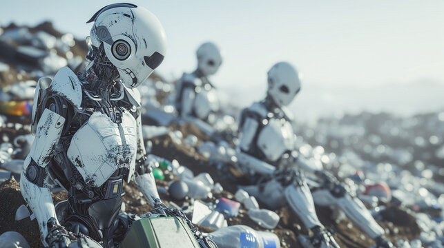 Abandoned AI humanoid robots in a landfill, a stark image of technological obsolescence