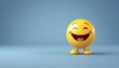 © Adam - Smiley face on a blue background with copy space for text. Joyful yellow ball emoticon representing happiness and smiling expression.