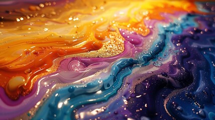Poster - A close-up view of a colorful and dynamic liquid painting, showcasing intricate patterns and blending of hues.