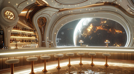 Poster - A luxury resort bar and lounge in outer space. Generative AI.