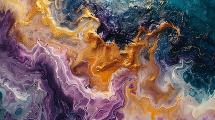 Poster - Fluid art painting featuring a blend of gold and blue colors in an abstract design.