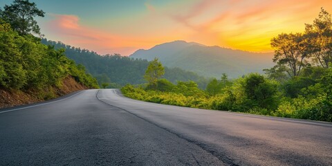 Wall Mural - An enchanting drive along an empty highway, surrounded by the beauty of nature.