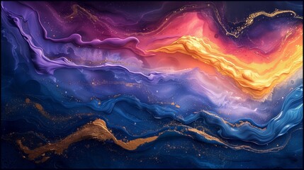 Poster - Fluid art painting featuring swirls of gold, purple, and blue colors creating an abstract and dynamic composition.