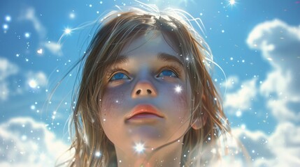 Poster - A little girl with blue eyes looking up at the sky