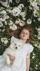 Wall Mural - A little girl laying in the grass with a white dog