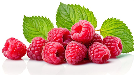 Wall Mural - fresh pile rasberry fruit with leaf isolated on white background