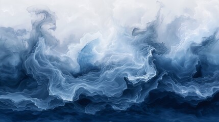 Poster - Fluid blue and white waves blend on canvas in an abstract painting.