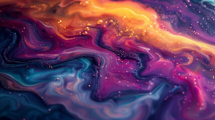 Poster - A fluid art painting featuring vibrant colors, stars, and bubbles.