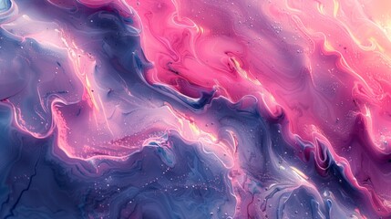 Poster - Detailed view of an abstract painting featuring vibrant pink and blue colors, showcasing fluid art techniques.