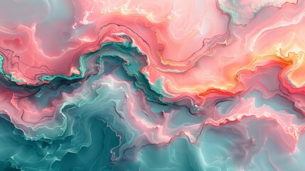 Poster - Dynamic fluid art painting with vibrant shades of pink, blue, and green blending and swirling together.