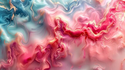 Poster - Fluid art abstract painting with vibrant swirls of pink, blue, and white colors blending together in dynamic patterns.
