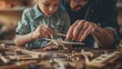 © Graphica - Heartwarming Father's Day photograph of a father and child building a model airplane together, with detailed focus on their hands and the intricate parts of the model. Captures the bonding and shared