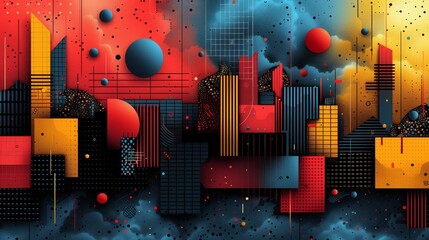 Poster - A vibrant digital artwork featuring a cityscape rendered in abstract, geometric shapes. Neon lights illuminate the scene, creating a futuristic and stylish aesthetic.