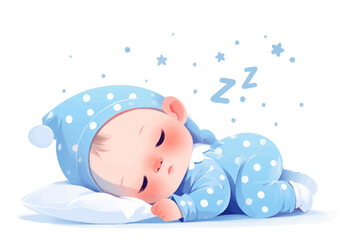 A cute baby sleeping peacefully in blue pajamas with polka dots, surrounded by stars. Flat vector illustration isolated.