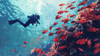 Enthralling Underwater Scene of Scuba Diver Amongst Coral Reef and Vibrant School of Fish