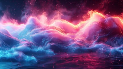 Poster - A digital abstract landscape featuring vibrant neon pink and blue hues in a swirling, layered formation.